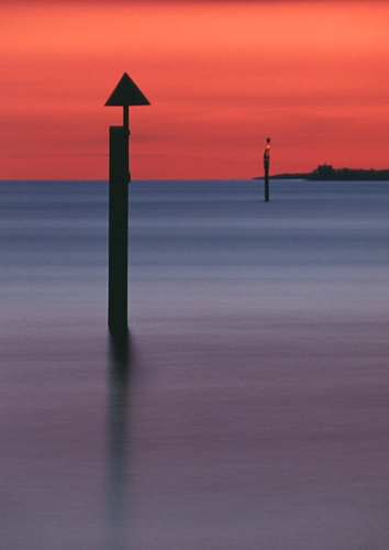 The Sea : Waymarkers at Lepe looking towards Needs Ore Point